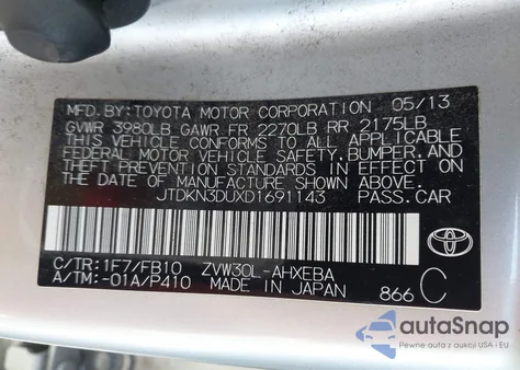 2013 Toyota Prius Three из США, поврежденный, VIN JTDKN3DUXD1691143